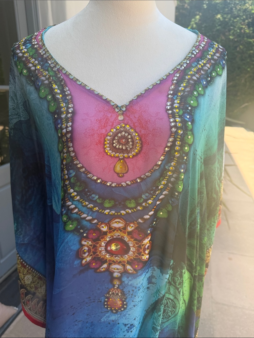 BOUTIQUE blue green pink sheer embellished kaftan/beach cover up jewels Size S M